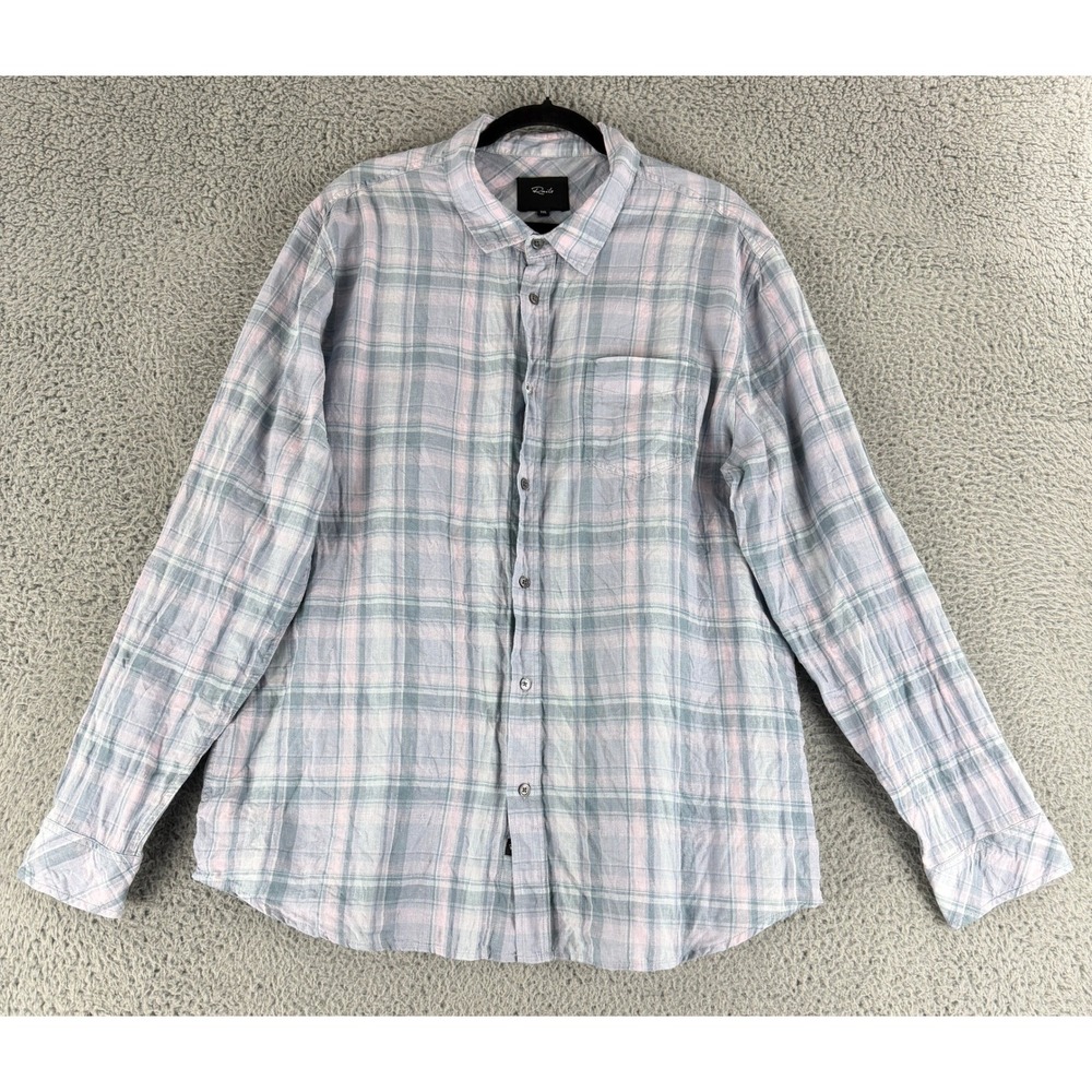 Rails Button Down Shirt Mens XXL Blue Pink Plaid 100% Linen Long Sleeve Pocket